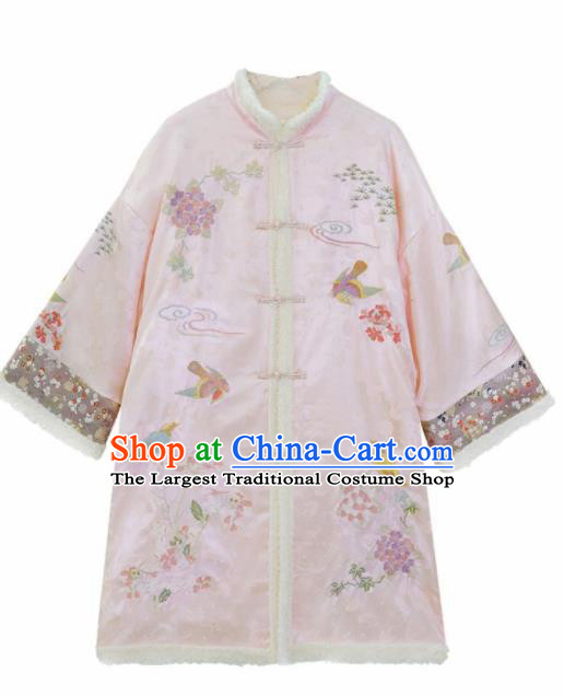 Chinese Traditional Tang Suit Pink Cotton Padded Coat National Costume Republic of China Qipao Upper Outer Garment for Women