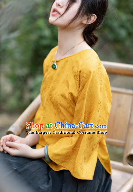 Chinese Traditional Tang Suit Golden Brocade Blouse National Costume Republic of China Qipao Upper Outer Garment for Women