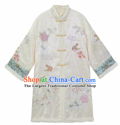 Chinese Traditional Tang Suit White Cotton Padded Coat National Costume Republic of China Qipao Upper Outer Garment for Women