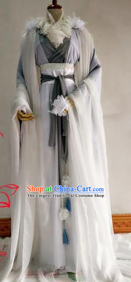 Chinese Traditional Cosplay Swordswoman Grey Costume Ancient Royal Princess Hanfu Dress for Women