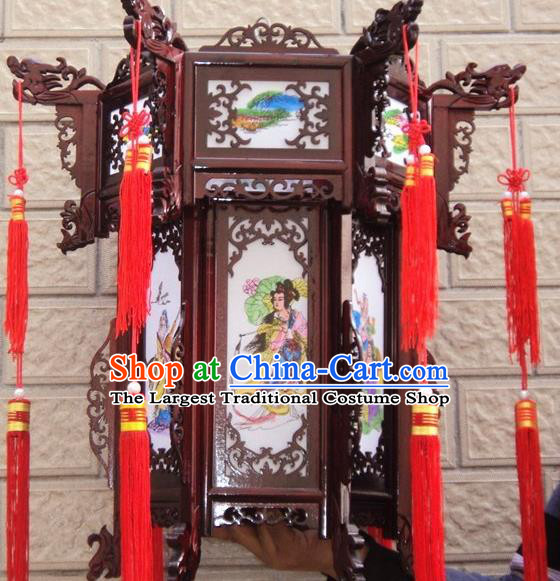 Chinese Traditional Handmade Printing Eight Immortals Carving Rosewood Palace Lantern Asian New Year Lantern Ancient Lamp