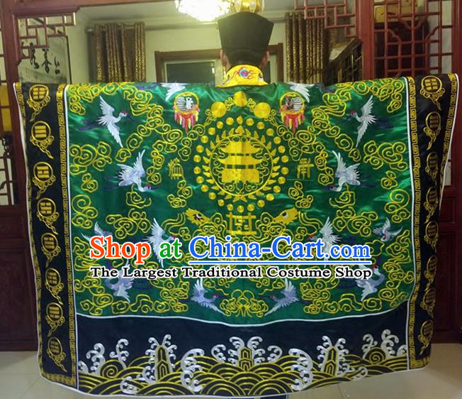 Chinese Traditional Taoism Costume Ancient Taoist Priest Cassocks Embroidered Crane Deep Green Vestment