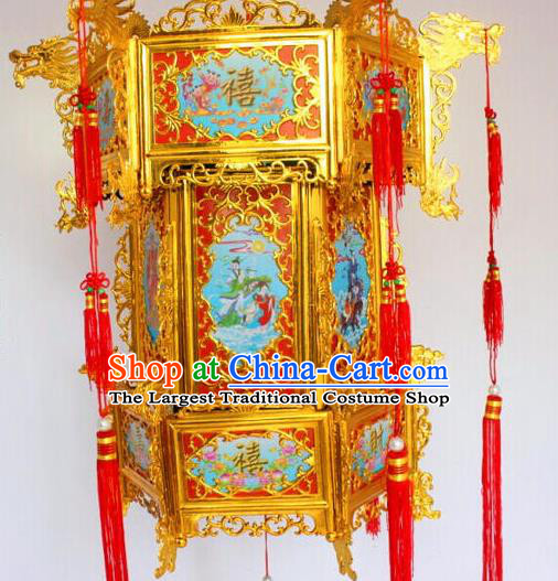 Chinese Traditional Handmade Carving Dragons Blue Palace Lantern Asian New Year Lantern Ancient Ceiling Lamp