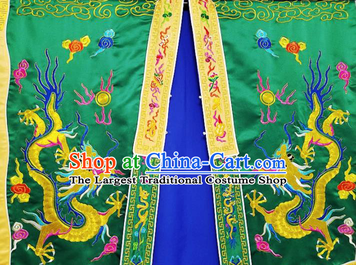 Chinese Ancient Taoist Priest Embroidered Round Dragons Green Cassocks Traditional Taoism Vestment Costume