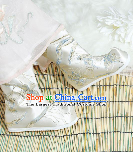 Chinese National White Satin Boots Hanfu Shoes Traditional Princess Shoes Embroidered Crane Shoes for Women