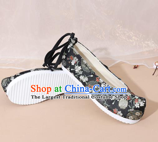 Chinese National Wedding Hanfu Shoes Traditional Princess Black Satin Shoes Embroidered Shoes for Women