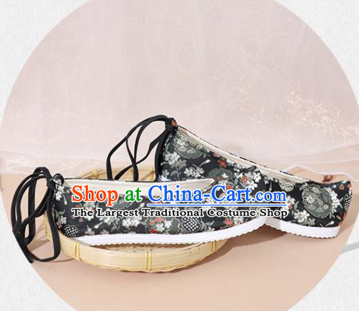 Chinese National Wedding Hanfu Shoes Traditional Princess Black Satin Shoes Embroidered Shoes for Women