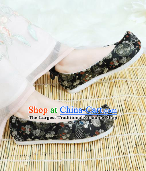 Chinese National Wedding Hanfu Shoes Traditional Princess Black Satin Shoes Embroidered Shoes for Women