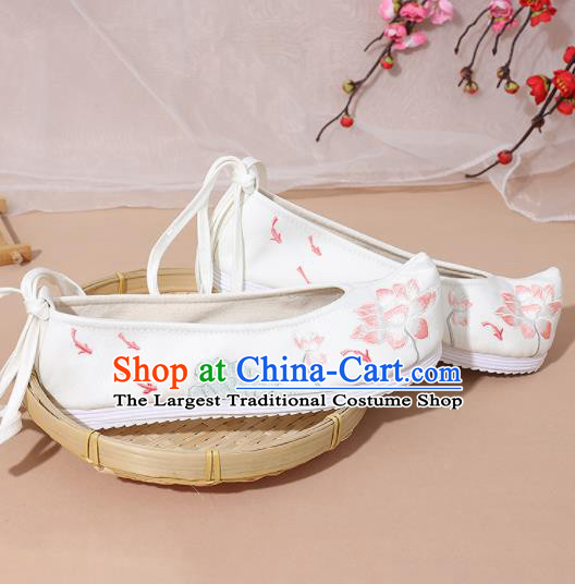 Chinese National White Embroidered Lotus Shoes Ancient Traditional Princess Shoes Hanfu Shoes for Women