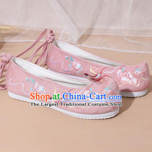 Chinese National Embroidered Phoenix Peony Pink Shoes Ancient Traditional Princess Shoes Hanfu Shoes for Women