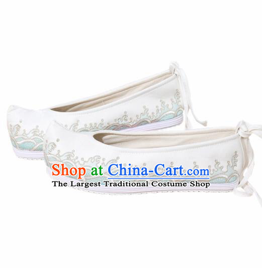 Chinese National Embroidered Waves White Shoes Ancient Traditional Princess Shoes Hanfu Shoes for Women