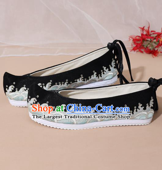 Chinese National Embroidered Waves Black Shoes Ancient Traditional Princess Shoes Hanfu Shoes for Women