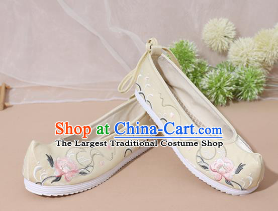 Chinese National Embroidered Peony Yellow Shoes Ancient Traditional Princess Shoes Hanfu Shoes for Women