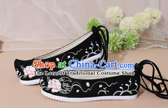 Chinese National Embroidered Peony Black Shoes Ancient Traditional Princess Shoes Hanfu Shoes for Women