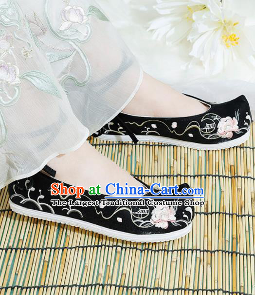Chinese National Embroidered Peony Black Shoes Ancient Traditional Princess Shoes Hanfu Shoes for Women