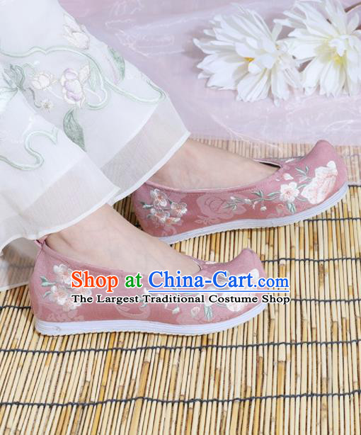 Chinese National Embroidered Peach Blossom Pink Shoes Ancient Traditional Princess Shoes Hanfu Shoes for Women