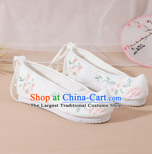 Chinese National Embroidered Peach Blossom White Shoes Ancient Traditional Princess Shoes Hanfu Shoes for Women