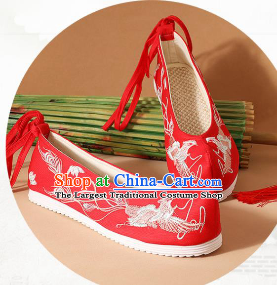 Traditional Chinese National Embroidered Phoenix Red Shoes Ancient Princess Shoes Handmade Hanfu Shoes for Women