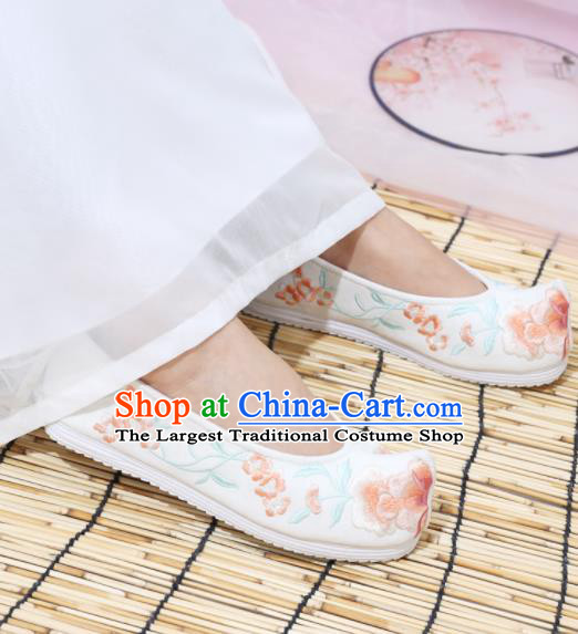 Traditional Chinese National Embroidered Peony White Shoes Ancient Princess Shoes Handmade Hanfu Shoes for Women