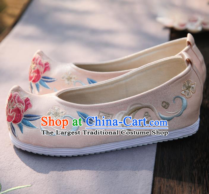 Traditional Chinese National Embroidered Peony Pink Shoes Ancient Princess Cloth Shoes Handmade Hanfu Shoes for Women