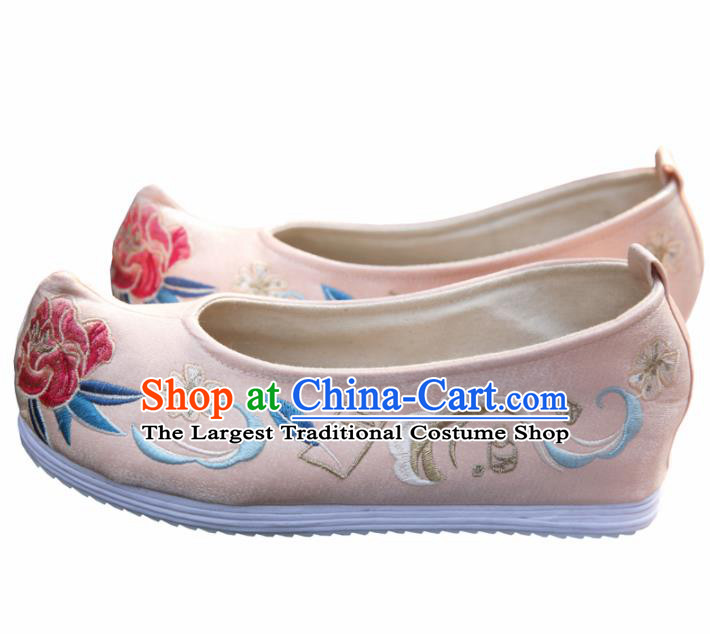 Traditional Chinese National Embroidered Peony Pink Shoes Ancient Princess Cloth Shoes Handmade Hanfu Shoes for Women