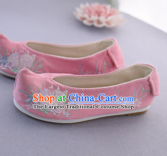 Traditional Chinese National Embroidered Orchid Pink Shoes Ancient Princess Cloth Shoes Handmade Hanfu Shoes for Women