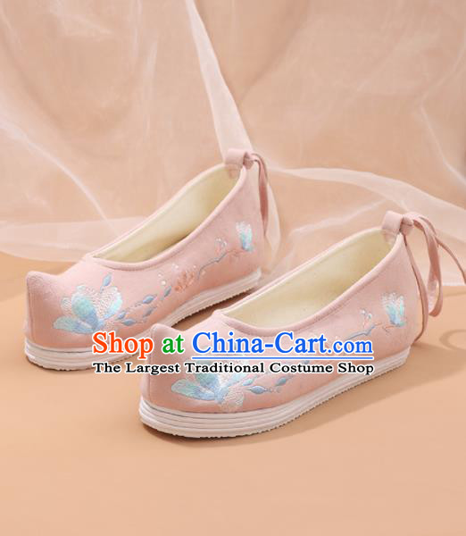 Traditional Chinese National Embroidered Magnolia Pink Shoes Ancient Princess Shoes Handmade Hanfu Shoes for Women