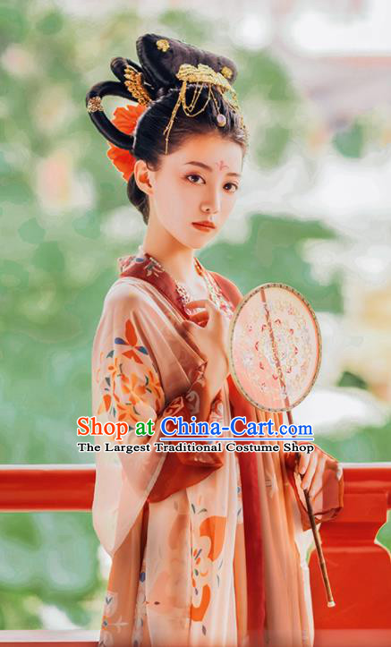 Traditional Chinese Tang Dynasty Court Lady Historical Costumes Ancient Imperial Consort Orange Hanfu Dress for Women
