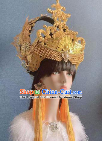 Traditional Chinese Deluxe Golden Feather Phoenix Coronet Hair Accessories Halloween Stage Show Headdress for Women