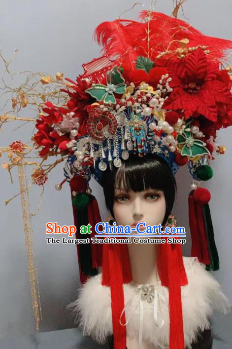 Traditional Chinese Deluxe Red Feather Phoenix Coronet Hair Accessories Halloween Stage Show Headdress for Women