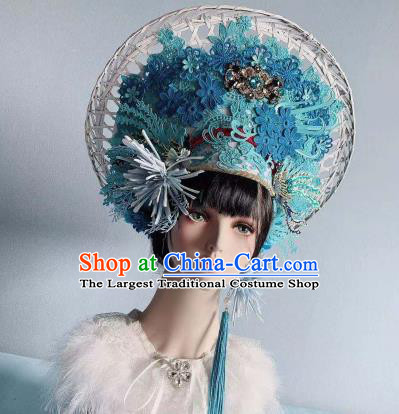 Traditional Chinese Deluxe Hat Blue Phoenix Coronet Hair Accessories Halloween Stage Show Headdress for Women