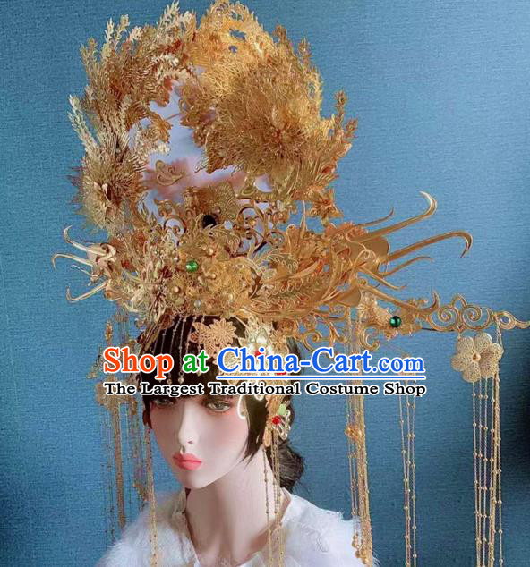 Traditional Chinese Deluxe Golden Palace Phoenix Coronet Hair Accessories Halloween Stage Show Headdress for Women