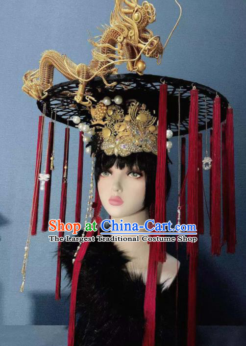 Traditional Chinese Deluxe Palace Golden Dragon Tassel Hat Hair Accessories Halloween Stage Show Headdress for Women