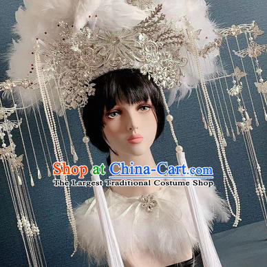 Traditional Chinese Deluxe White Feather Phoenix Coronet Hair Accessories Halloween Stage Show Headdress for Women