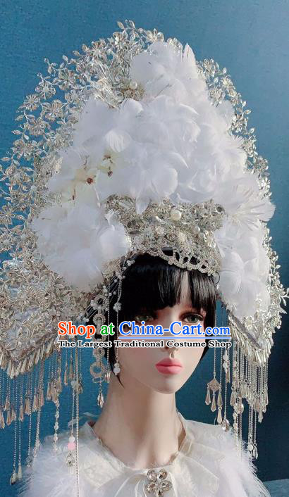 Traditional Chinese Deluxe White Feather Flowers Phoenix Coronet Hair Accessories Halloween Stage Show Headdress for Women