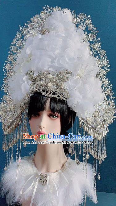 Traditional Chinese Deluxe White Feather Flowers Phoenix Coronet Hair Accessories Halloween Stage Show Headdress for Women