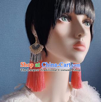 Traditional Chinese Deluxe Pink Tassel Fan Ear Accessories Halloween Stage Show Earrings for Women