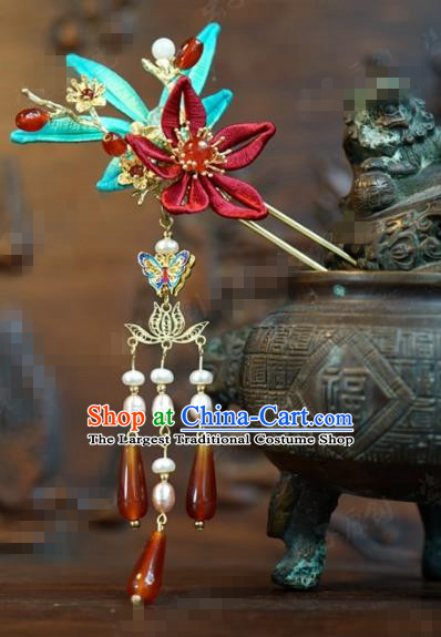 Traditional Chinese Ancient Queen Agate Tassel Hair Clips Handmade Hanfu Court Hairpins Hair Accessories for Women