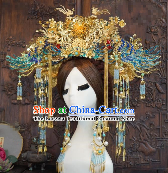 Traditional Chinese Wedding Hair Accessories Blueing Phoenix Coronet Ancient Bride Hairpins Complete Set for Women