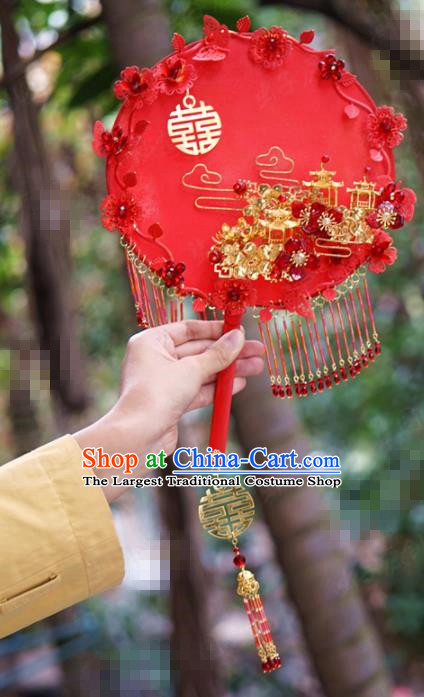 Traditional Chinese Handmade Court Wedding Palace Fan Ancient Bride Red Round Fans for Women