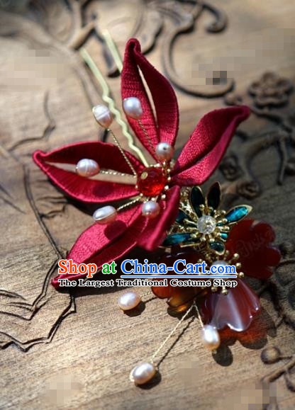 Traditional Chinese Handmade Court Agate Hairpins Hair Accessories Ancient Queen Hanfu Red Flower Hair Clip for Women