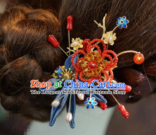 Traditional Chinese Handmade Court Hairpins Hair Accessories Ancient Queen Hanfu Blue Flower Hair Clip for Women