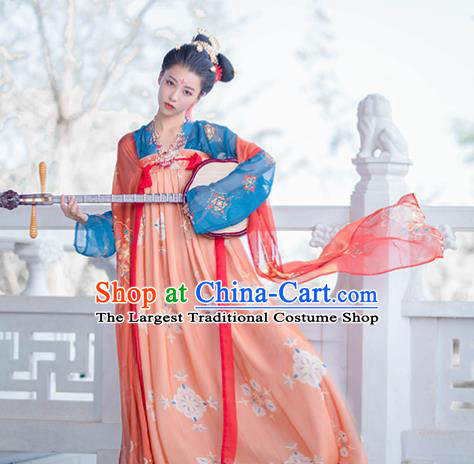 Traditional Chinese Tang Dynasty Court Princess Replica Costumes Ancient Palace Lady Orange Hanfu Dress for Women