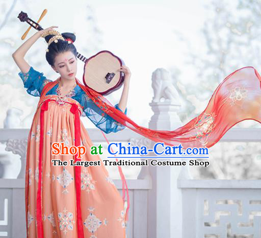 Traditional Chinese Tang Dynasty Court Princess Replica Costumes Ancient Palace Lady Orange Hanfu Dress for Women