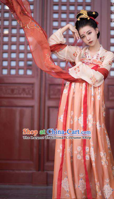 Traditional Chinese Tang Dynasty Imperial Consort Replica Costumes Ancient Court Princess Orange Hanfu Dress for Women