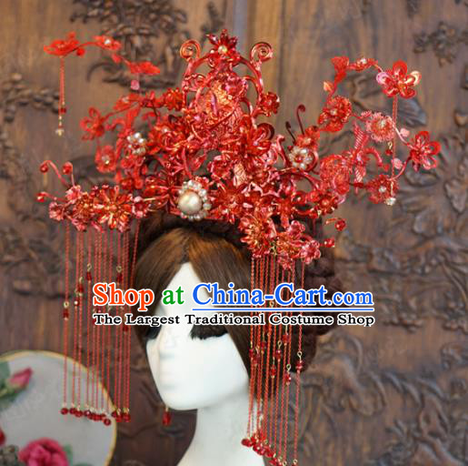 Traditional Chinese Wedding Luxury Red Phoenix Coronet Hair Accessories Ancient Bride Tassel Hairpins Complete Set for Women
