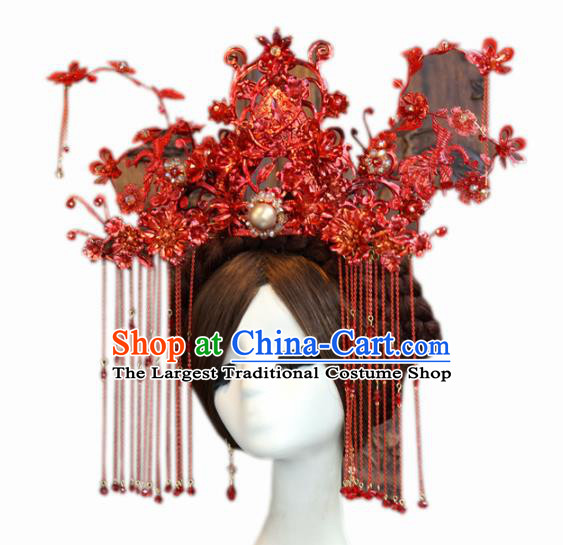 Traditional Chinese Wedding Luxury Red Phoenix Coronet Hair Accessories Ancient Bride Tassel Hairpins Complete Set for Women