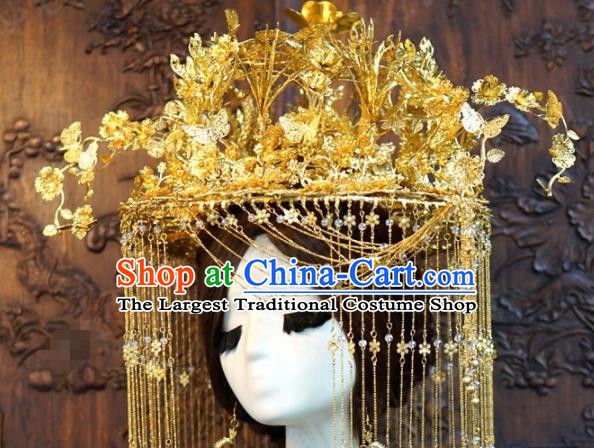 Traditional Chinese Wedding Luxury Golden Butterfly Phoenix Coronet Hair Accessories Ancient Bride Tassel Hairpins Complete Set for Women