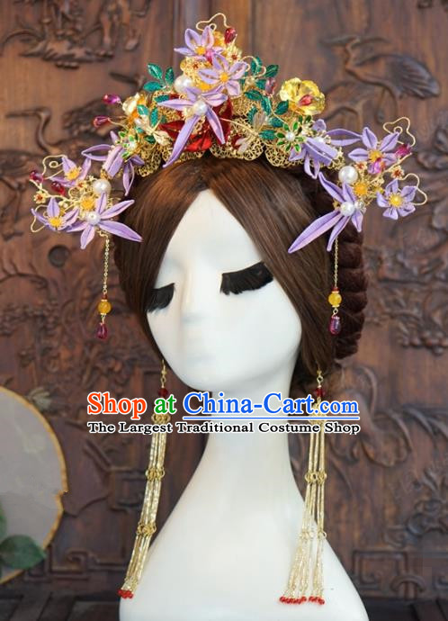 Traditional Chinese Wedding Hair Accessories Luxury Purple Jasmine Phoenix Coronet Ancient Bride Hairpins Complete Set for Women