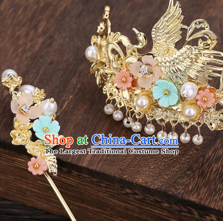 Traditional Chinese Ancient Hanfu Crane Hair Crown Court Queen Hairpins Handmade Hair Accessories for Women